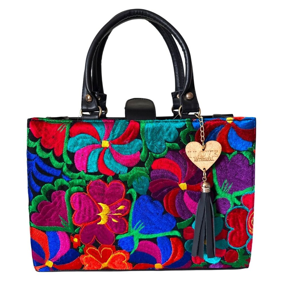Floral Vibrant Tapestry embroidery artisanal handbag satchel vegan leather w mak